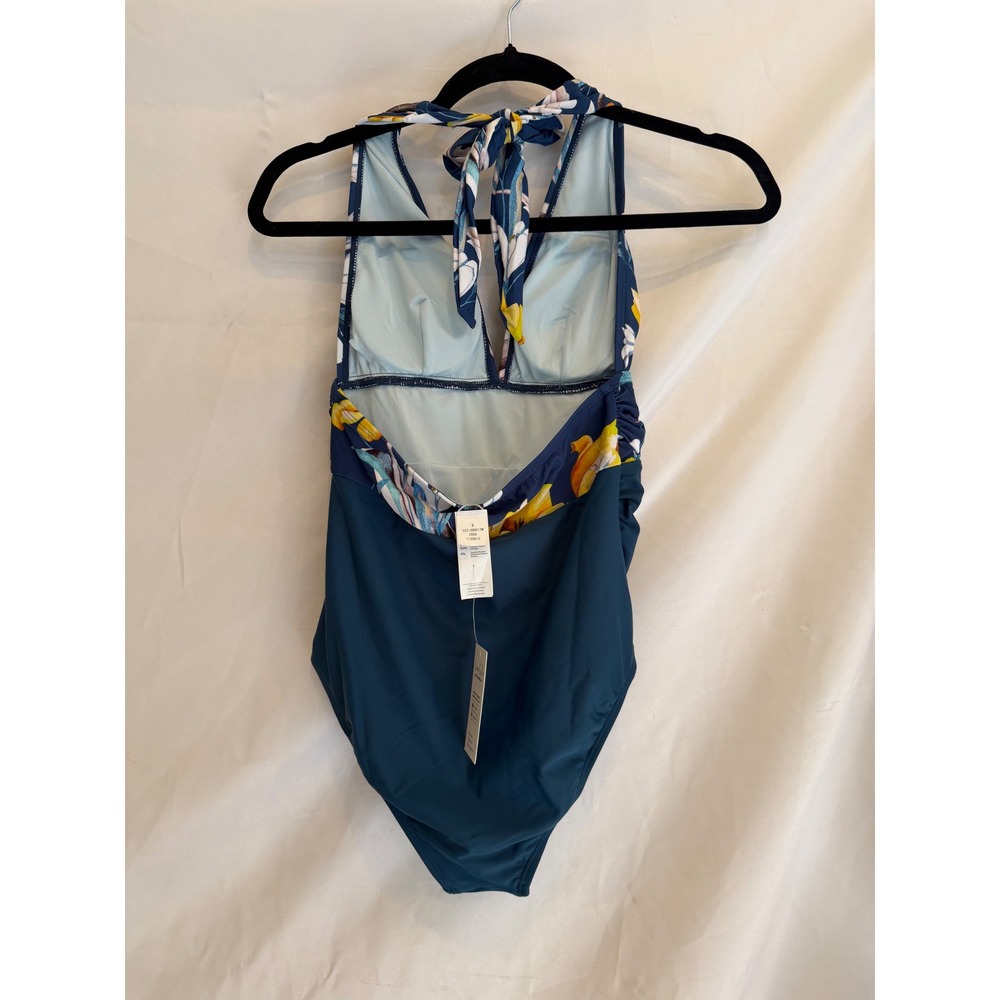 Cupshe Womens Teal Blue Floral Ruched One Piece Halter Swimsuit NWT Size S - Picture 2 of 4